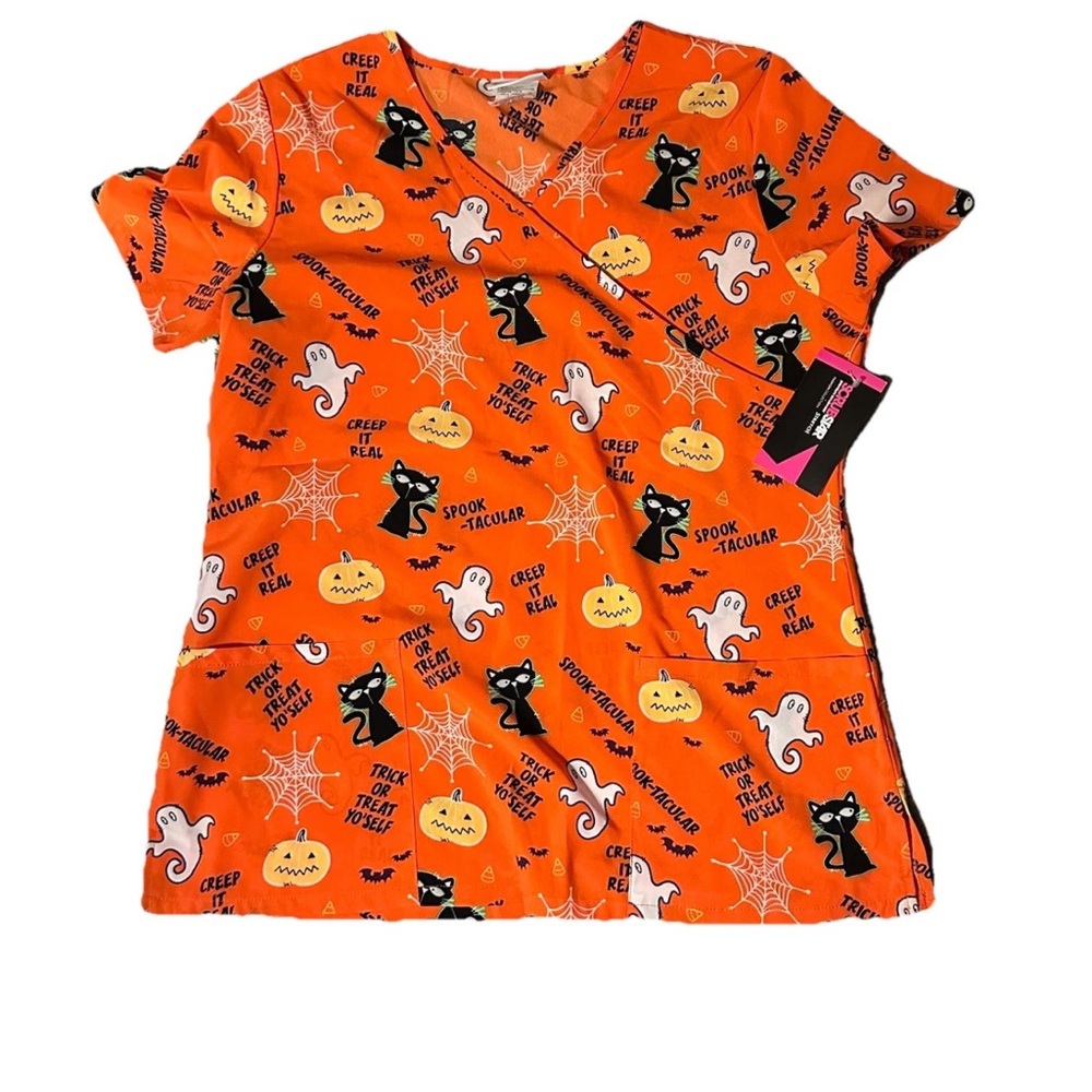 Scrubstar Medium Orange Halloween Scrub Top with Ghosts and Pumpkins